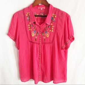 Johnny Was Tunic vibrant pink embroidered EUC L